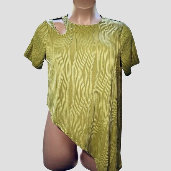 Boho Textured Squiggly Asymmetrical Top Women's XL Lime Green Cut-Out Keyhole‎ - Picture 10 of 16